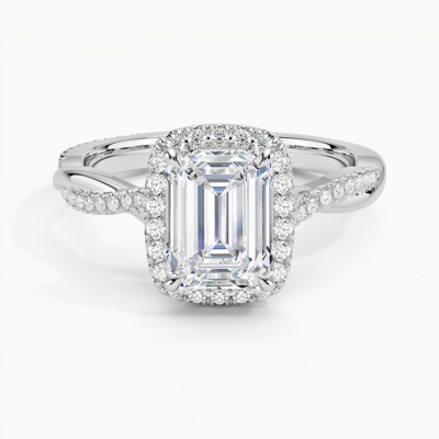 IGI Certified Lab Grown Diamond Engagement Ring Emerald Brilliant Halo Ring With Twisted Pavé Shank
