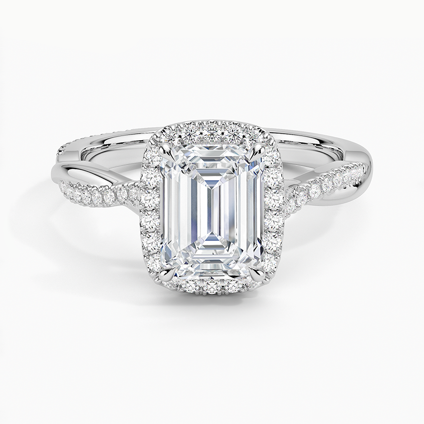 IGI Certified Lab Grown Diamond Engagement Ring Emerald Brilliant Halo Ring With Twisted Pavé Shank