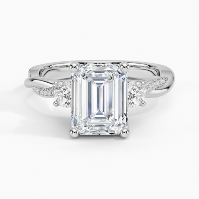 IGI Certified Lab Grown Diamond Engagement Ring Emerald Brilliant Three Stone Hidden Halo Ring With Twisted Pavé Shank