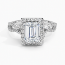 IGI Certified Lab Grown Diamond Engagement Ring Emerald Brilliant Halo Ring With Marquise Accent Diamond and Pavé Twist Shank