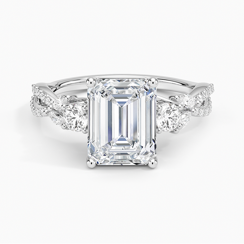 IGI Certified Lab Grown Diamond Engagement Ring Emerald Brilliant Three Stone Ring With Marquise Accent Diamond and Pavé Twist Shank