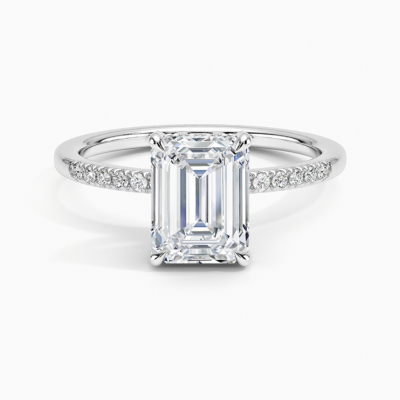 IGI Certified Lab Grown Diamond Engagement Ring Emerald Brilliant Ring With Hidden Halo and Pavé Cathedral