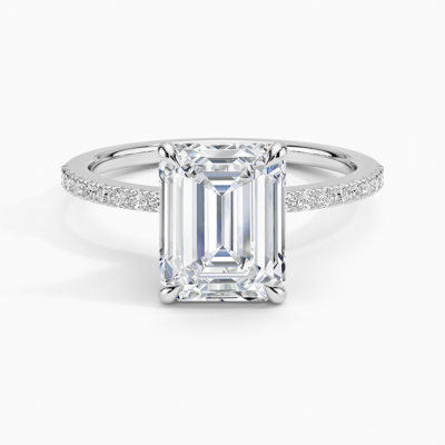 IGI Certified Lab Grown Diamond Engagement Ring Emerald Brilliant Ring With Hidden Marquise and Pavé Band