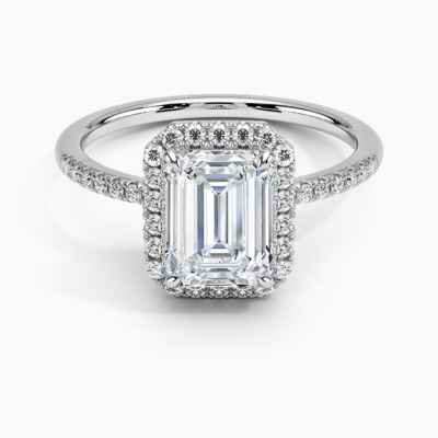 IGI Certified Lab Grown Diamond Engagement Ring Emerald Brilliant Pavé Halo Ring