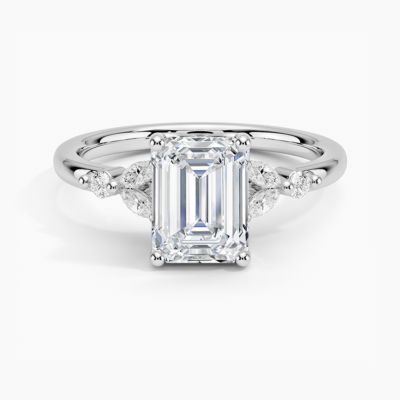 IGI Certified Lab Grown Diamond Engagement Ring Emerald Brilliant With Marquise Accent Diamond Ring