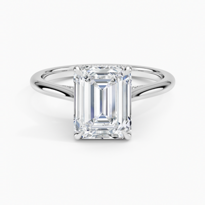 IGI Certified Lab Grown Diamond Engagement Ring Emerald Brilliant Hidden Halo Cathedral Ring