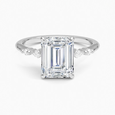 IGI Certified Lab Grown Diamond Engagement Ring Emerald Brilliant With Kite Accent Diamond Ring