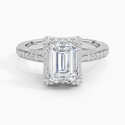 IGI Certified Lab Grown Diamond Engagement Ring Emerald Brilliant Halo Split Shank Pavé Ring