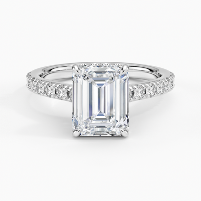 IGI Certified Lab Grown Diamond Engagement Ring Emerald Brilliant Hidden Halo Cathedral Pavé Ring