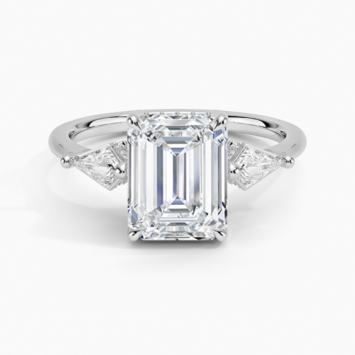 IGI Certified Lab Grown Diamond Engagement Ring Emerald Brilliant Diamond Hidden Halo With Kite Side Stone Ring