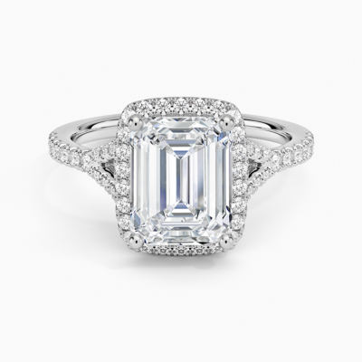 IGI Certified Lab Grown Diamond Engagement Ring Emerald Brilliant Split Shank Halo Ring