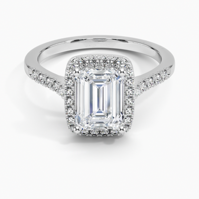 IGI Certified Lab Grown Diamond Engagement Ring Emerald Brilliant Halo Ring With Cathedral Pavé Band
