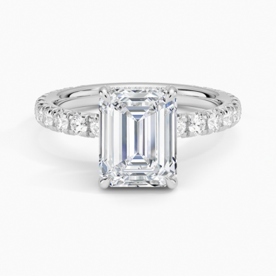 IGI Certified Lab Grown Diamond Engagement Ring Emerald Brilliant Hidden Halo Pavé Ring