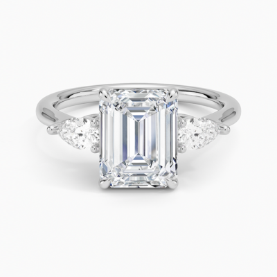 IGI Certified Lab Grown Diamond Engagement Ring Emerald Brilliant Three Stone Ring With Pear Side Diamonds