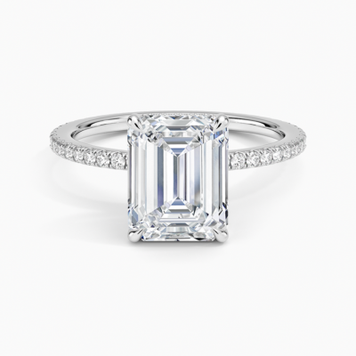 IGI Certified Lab Grown Diamond Engagement Ring Emerald Brilliant Hidden Halo Full Eternity Pavé Ring