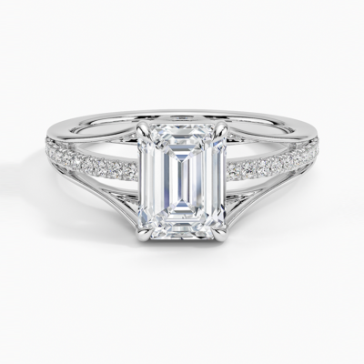 IGI Certified Lab Grown Diamond Engagement Ring Emerald Brilliant Split Shank Pavé Ring