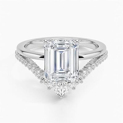 IGI Certified Lab Grown Diamond Engagement Ring Emerald Brilliant Diamond Ring with V-Shaped Pavé