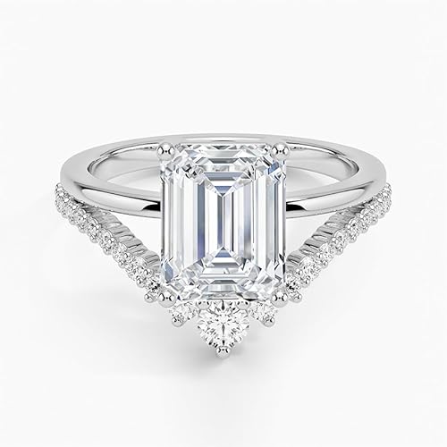 IGI Certified Lab Grown Diamond Engagement Ring Emerald Brilliant Diamond Ring with V-Shaped Pavé