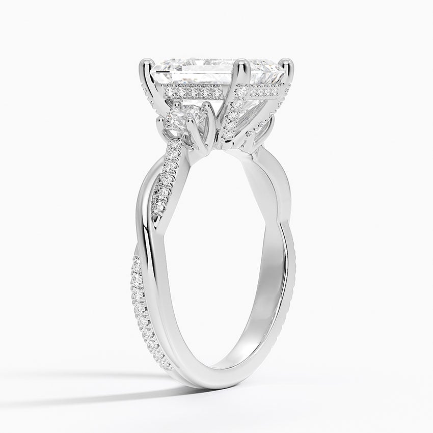 IGI Certified Lab Grown Diamond Engagement Ring Emerald Brilliant Three Stone Hidden Halo Ring With Twisted Pavé Shank - Image 2
