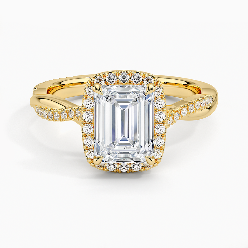 IGI Certified Lab Grown Diamond Engagement Ring Emerald Brilliant Halo Ring With Twisted Pavé Shank - Image 4