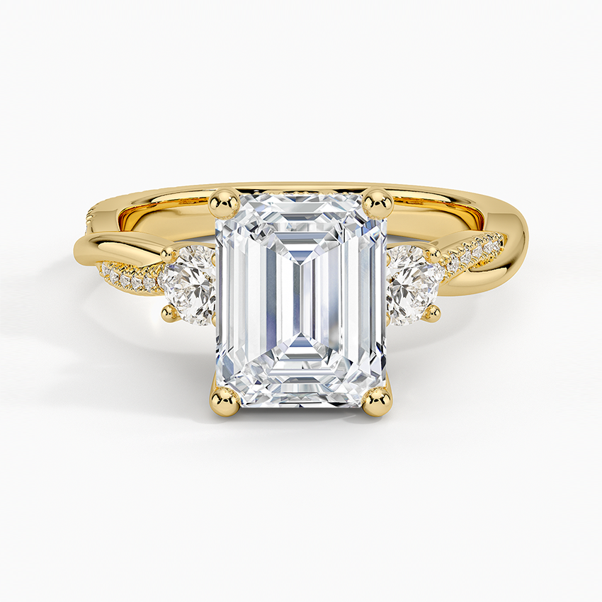 IGI Certified Lab Grown Diamond Engagement Ring Emerald Brilliant Three Stone Hidden Halo Ring With Twisted Pavé Shank - Image 4
