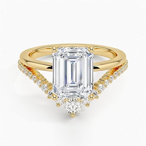 IGI Certified Lab Grown Diamond Engagement Ring Emerald Brilliant Diamond Ring with V-Shaped Pavé - Image 4