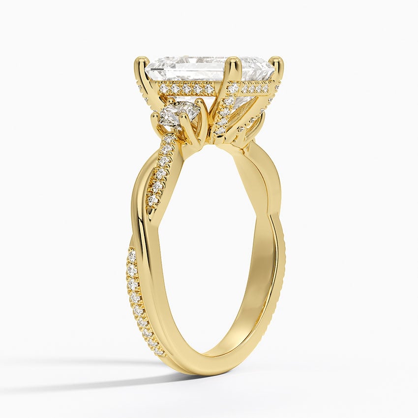 IGI Certified Lab Grown Diamond Engagement Ring Emerald Brilliant Three Stone Hidden Halo Ring With Twisted Pavé Shank - Image 5
