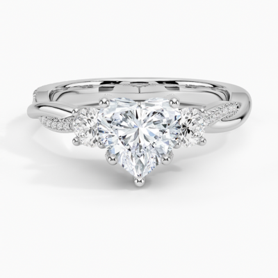 IGI Certified Lab Grown Diamond Engagement Ring Heart Brilliant Three Stone Hidden Halo Ring With Twisted Pavé Shank