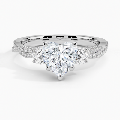 IGI Certified Lab Grown Diamond Engagement Ring Heart Brilliant Three Stone Ring With Double Pavé Twisted Shank