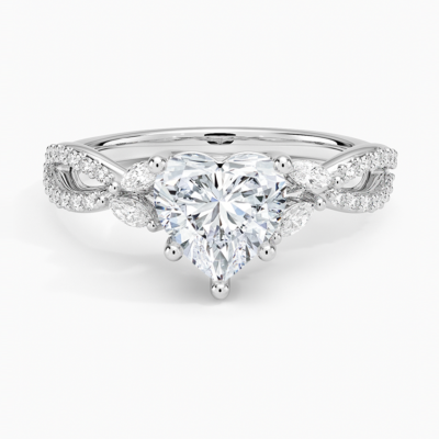 IGI Certified Lab Grown Diamond Engagement Ring Heart Brilliant With Marquise Accent Diamond and Double Pavé Twist Shank Ring