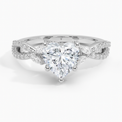 IGI Certified Lab Grown Diamond Engagement Ring Heart Brilliant With Marquise Accent Diamond and Pavé Twist Shank Ring