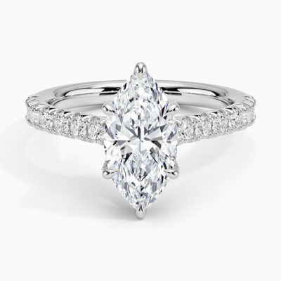 IGI Certified Lab Grown Diamond Engagement Ring Marquise Brilliant Hidden Halo Pavé Ring