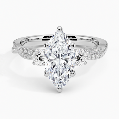 IGI Certified Lab Grown Diamond Engagement Ring Marquise Brilliant Three Stone Ring With Double Pavé Twisted Shank