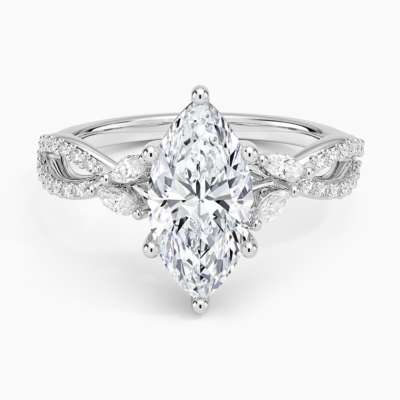 IGI Certified Lab Grown Diamond Engagement Ring Marquise Brilliant With Marquise Accent Diamond and Double Pavé Twist Shank Ring