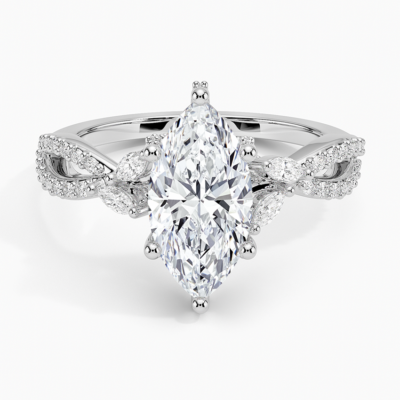 IGI Certified Lab Grown Diamond Engagement Ring Marquise Brilliant With Marquise Accent Diamond and Pavé Twist Shank Ring