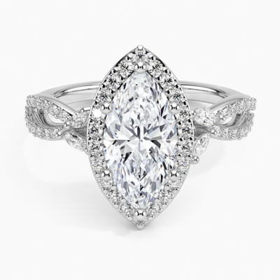 IGI Certified Lab Grown Diamond Engagement Ring Marquise Brilliant Halo Ring With Marquise Accent Diamond and Pavé Twist Shank