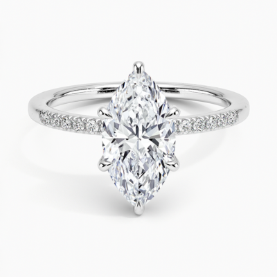 IGI Certified Lab Grown Diamond Engagement Ring Marquise Brilliant Ring With Hidden Halo and Pavé Cathedral