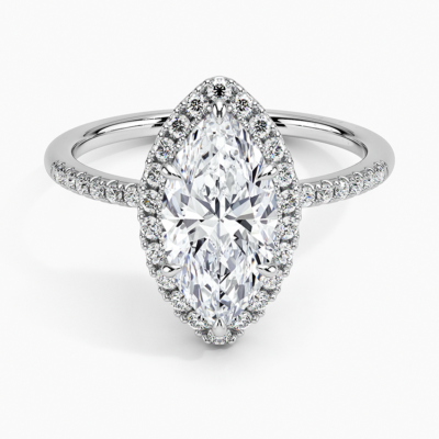 IGI Certified Lab Grown Diamond Engagement Ring Marquise Brilliant Pavé Halo Ring