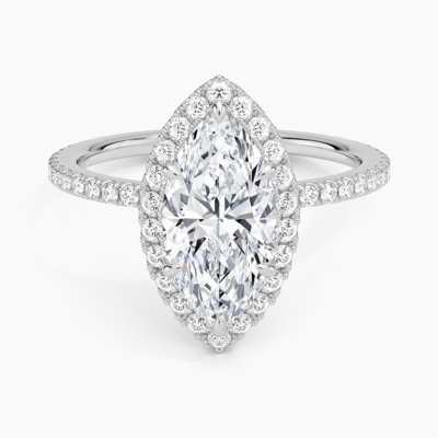 IGI Certified Lab Grown Diamond Engagement Ring Marquise Brilliant Halo With Hidden Halo And Pavé Band Ring