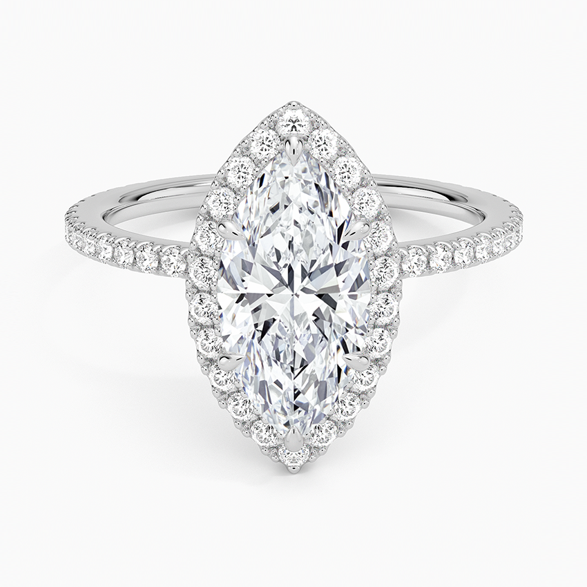 IGI Certified Lab Grown Diamond Engagement Ring Marquise Brilliant Halo With Hidden Halo And Pavé Band Ring