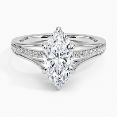 IGI Certified Lab Grown Diamond Engagement Ring Marquise Brilliant Split Shank Pavé Ring