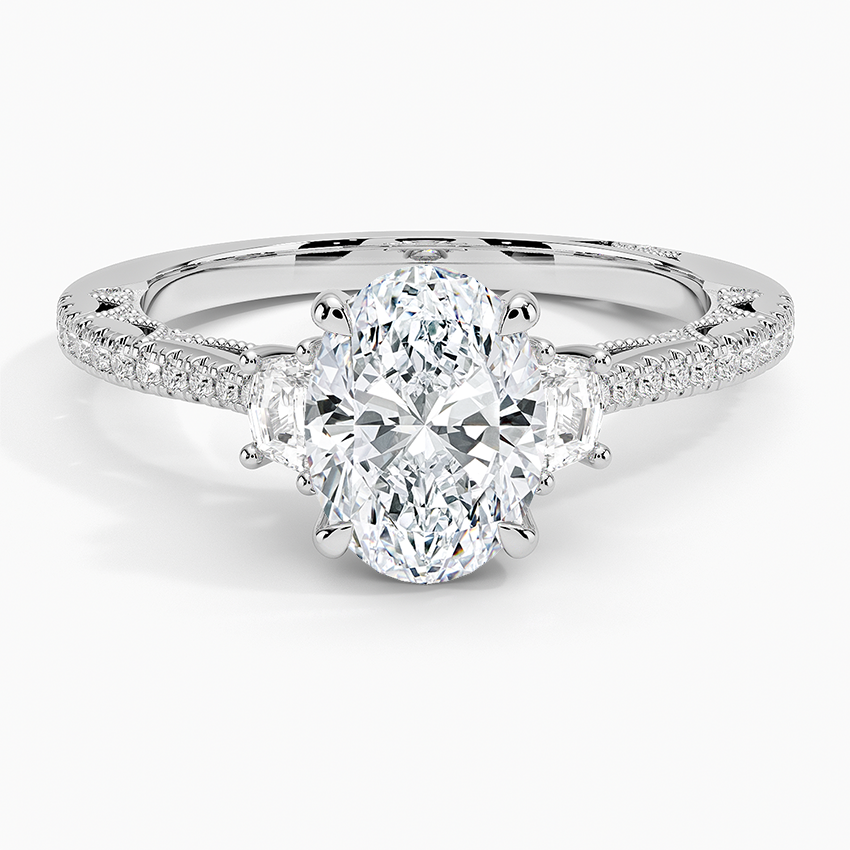 IGI Certified Lab Grown Diamond Engagement Ring Oval Brilliant Three Stone Vintage Ring with Cadillac Side Diamonds