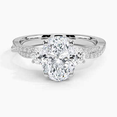 IGI Certified Lab Grown Diamond Engagement Ring Oval Brilliant Three Stone Ring With Double Pavé Twisted Shank