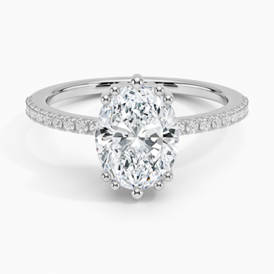 IGI Certified Lab Grown Diamond Engagement Ring Oval Brilliant Hidden Halo Pavé Ring With Scalloped Multi-Prong Basket