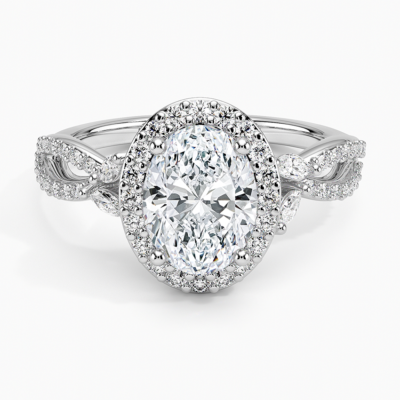 IGI Certified Lab Grown Diamond Engagement Ring Oval Brilliant Halo Ring With Marquise Accent Diamond and Pavé Twist Shank