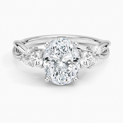 IGI Certified Lab Grown Diamond Engagement Ring Oval Brilliant Three Stone Twist Shank Ring With Marquise Accent Diamond
