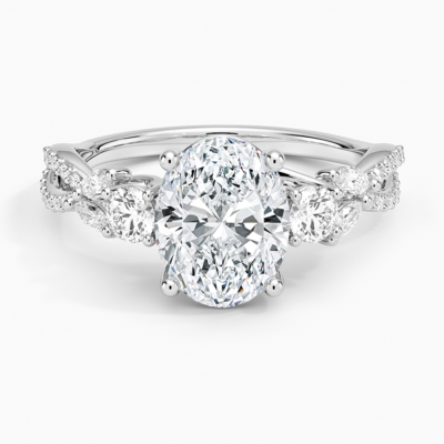 IGI Certified Lab Grown Diamond Engagement Ring Oval Brilliant Three Stone Ring With Marquise Accent Diamond and Pavé Twist Shank