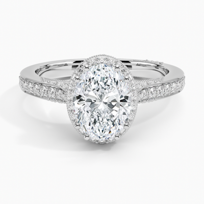 IGI Certified Lab Grown Diamond Engagement Ring Oval Brilliant Halo Split Shank Pavé Ring
