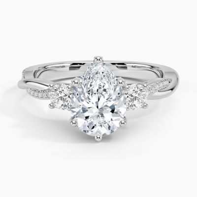 IGI Certified Lab Grown Diamond Engagement Ring Pear Brilliant Three Stone Hidden Halo Ring With Twisted Pavé Shank
