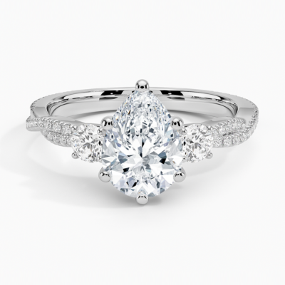 IGI Certified Lab Grown Diamond Engagement Ring Pear Brilliant Three Stone Ring With Double Pavé Twisted Shank